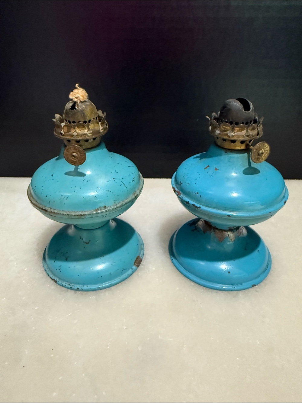 Vintage Pair P& A Mfg Co Acorn Mini Teal Blue Green Metal Kerosene Oil Lamp 5"